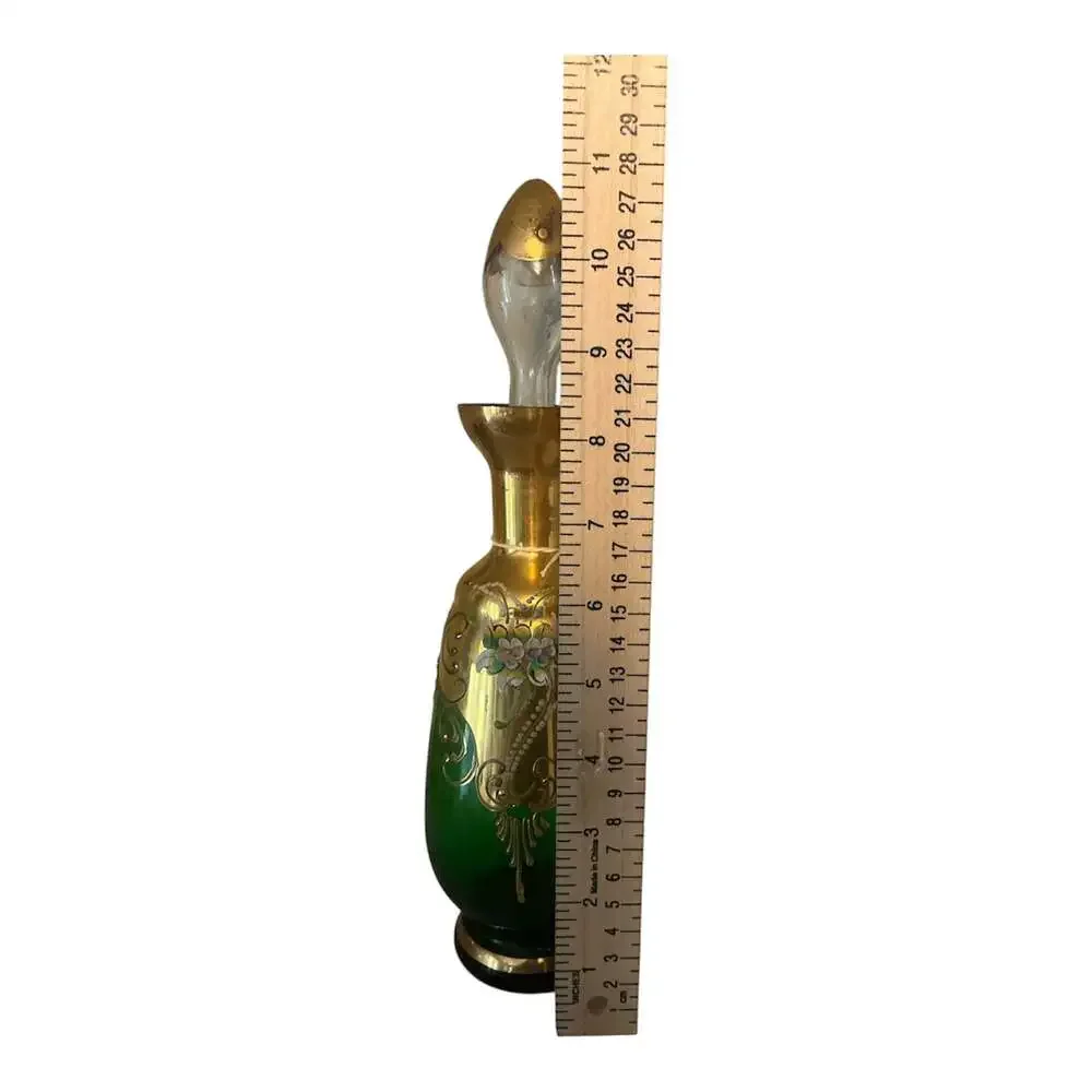 Vintage Bohemian Emerald Green & Gold Glass Cordial Decanter Set of 4